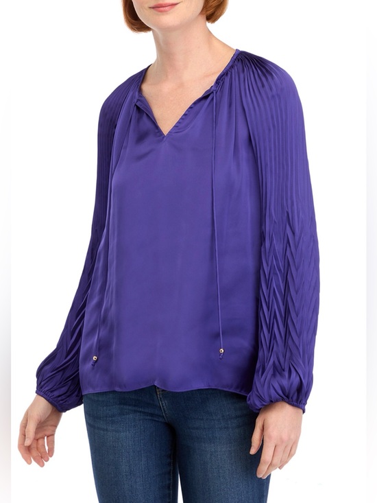 Philosophy Tops - PHILOSOPHY By REPUBLIC Women's Purple Long-Sleeve Pleated Sleeve Blouse.